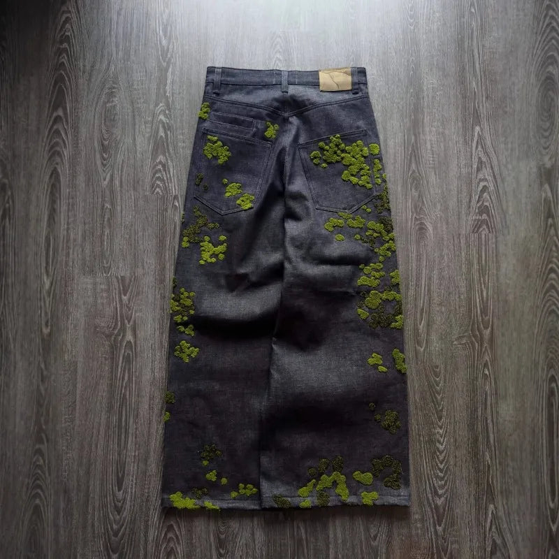 Men's Jeans - Harajuku, Streetwear, Floral Embroidery, Denim Pants, Straight Leg Loose Fit INS Casual Versatile Unisex Fashion