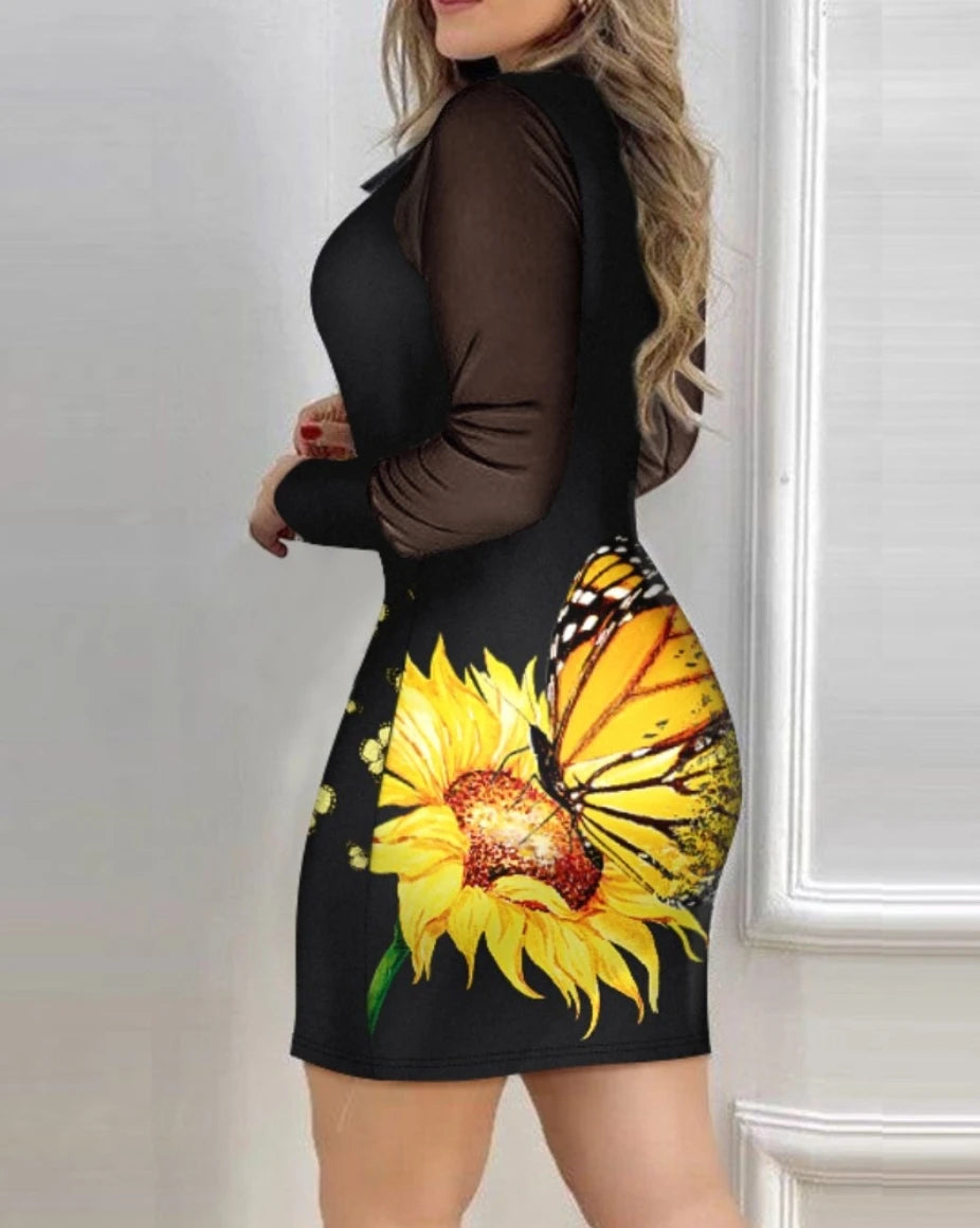 Plus Size Mesh Long Sleeve Embroidered Peacock Dress – Elegant Collared Blue Midi | NAGATI