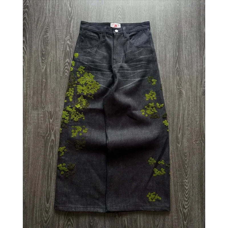 Men's Jeans - Harajuku, Streetwear, Floral Embroidery, Denim Pants, Straight Leg Loose Fit INS Casual Versatile Unisex Fashion