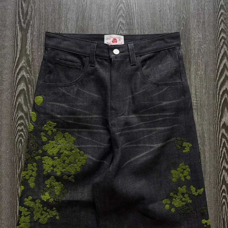 Men's Jeans - Harajuku, Streetwear, Floral Embroidery, Denim Pants, Straight Leg Loose Fit INS Casual Versatile Unisex Fashion