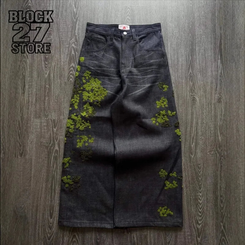 Men's Jeans - Harajuku, Streetwear, Floral Embroidery, Denim Pants, Straight Leg Loose Fit INS Casual Versatile Unisex Fashion
