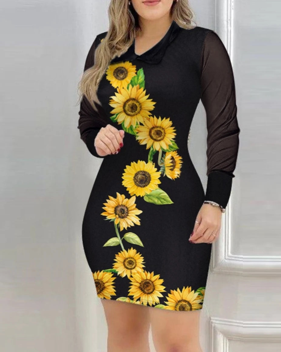 Plus Size Mesh Long Sleeve Embroidered Peacock Dress – Elegant Collared Blue Midi | NAGATI
