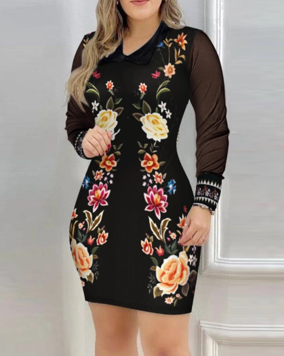 Plus Size Mesh Long Sleeve Embroidered Peacock Dress – Elegant Collared Blue Midi | NAGATI